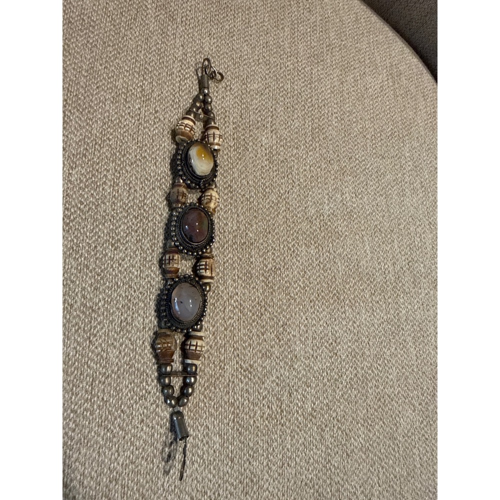 Vintage Beaded Stone Bracelet Boho Carved Bone Multi Strand Southwestern Agate